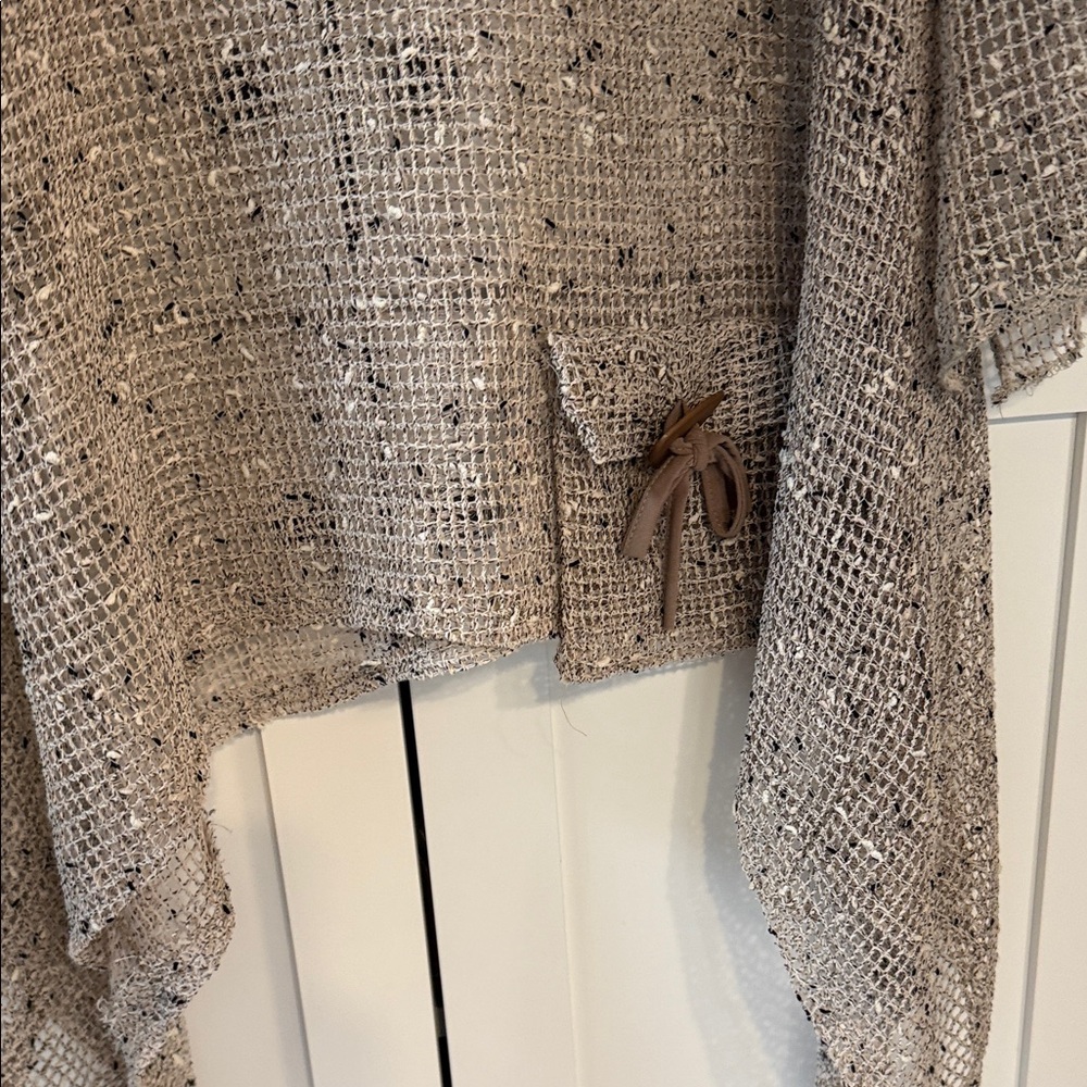 Neutral Open-Knit Fringe Sweater with Bow Accent - Picture 5 of 5